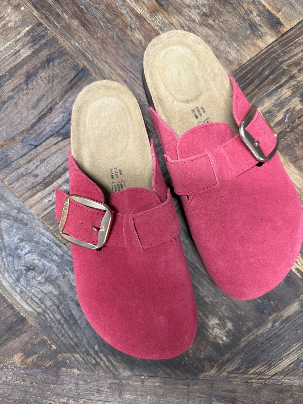 Suede Slip-On Clog Mules in Raspberry with Buckle